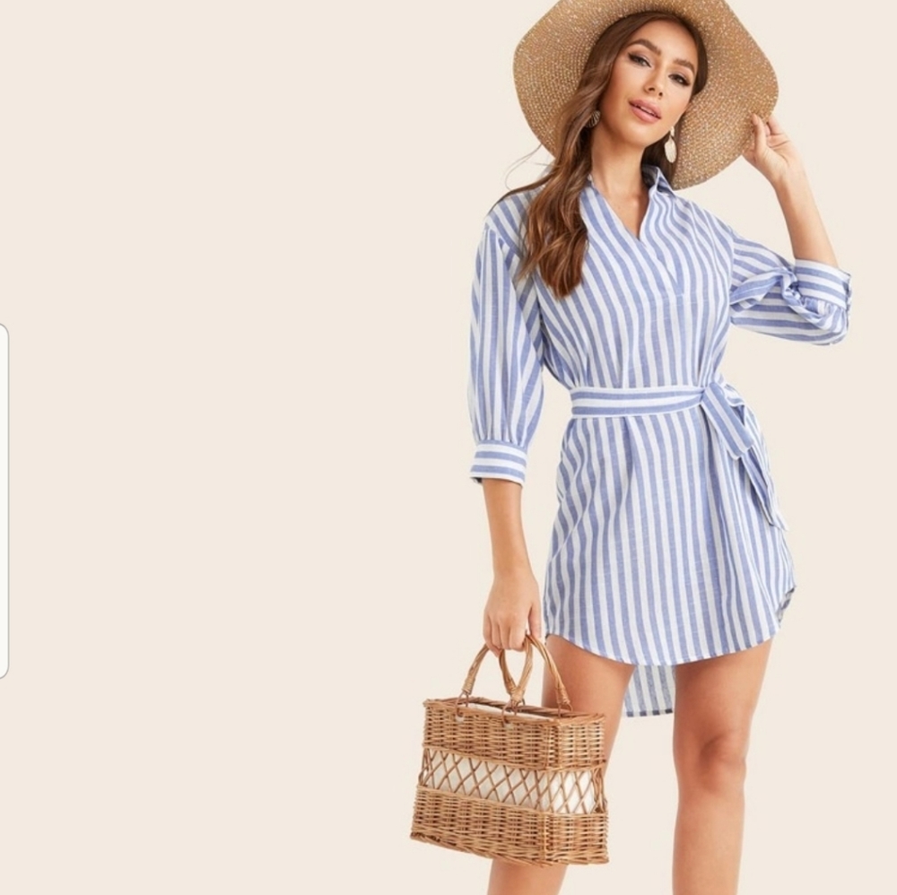 Collard Dip Hem Blue Striped Shirt Dress